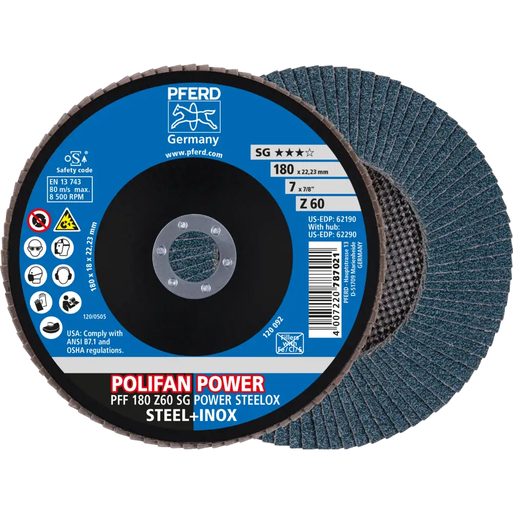 PFERD TOOLS POLIFAN POWER Fächerscheibe PFF flach Zirkonkorund SG STEELOX Stahl/Edelstahl