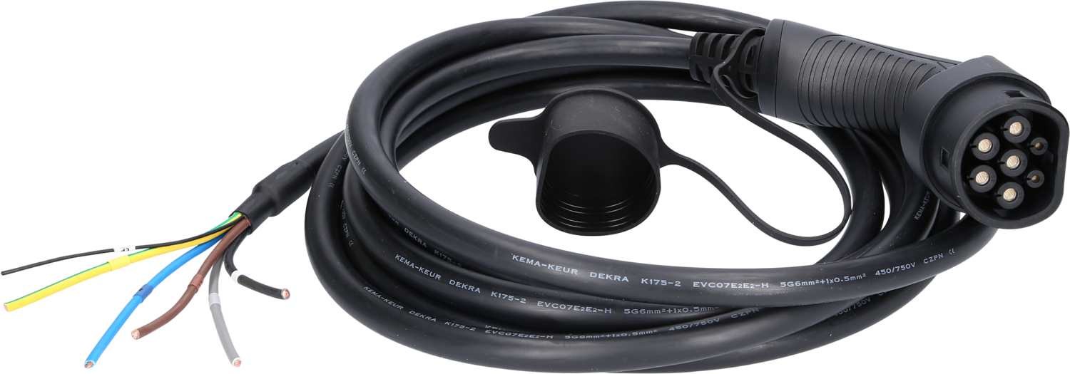 efuturo Ladekabel gerade, Ende offen auf Typ 2 Stecker, 3 Phasen, bis zu 22 kW, 32 A, 400 V, 5m