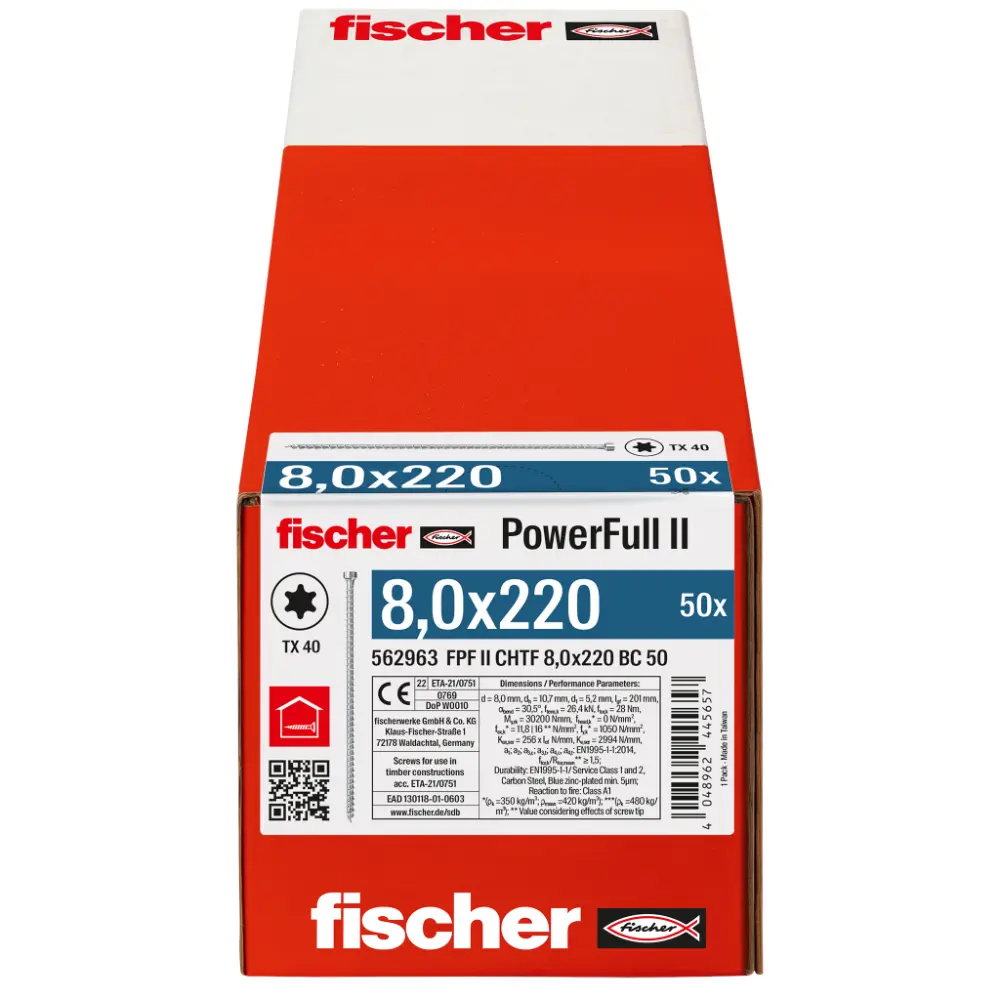 Fischer Vollgewindeschraube 8,0x220 PowerFull FPF II CHTF 6/8 BC, Vollgewinde, Zylinderkopf, TX