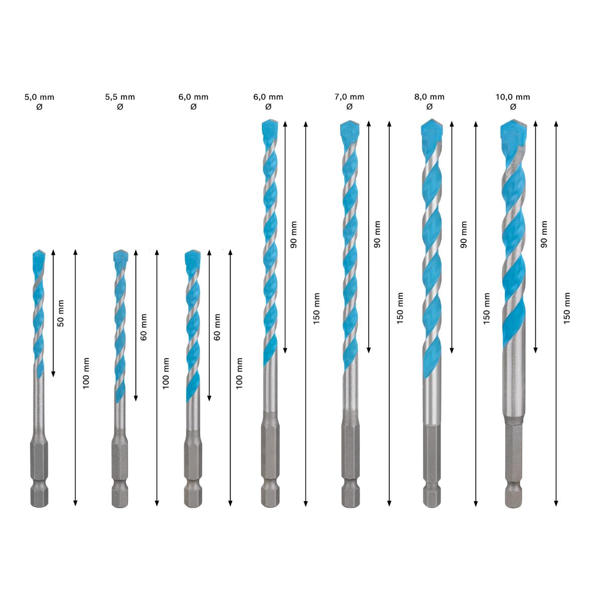 Bosch EXPERT HEX-9 MultiConstruction Drill Bit, 7pc set 5/5.5/6/7/8/10