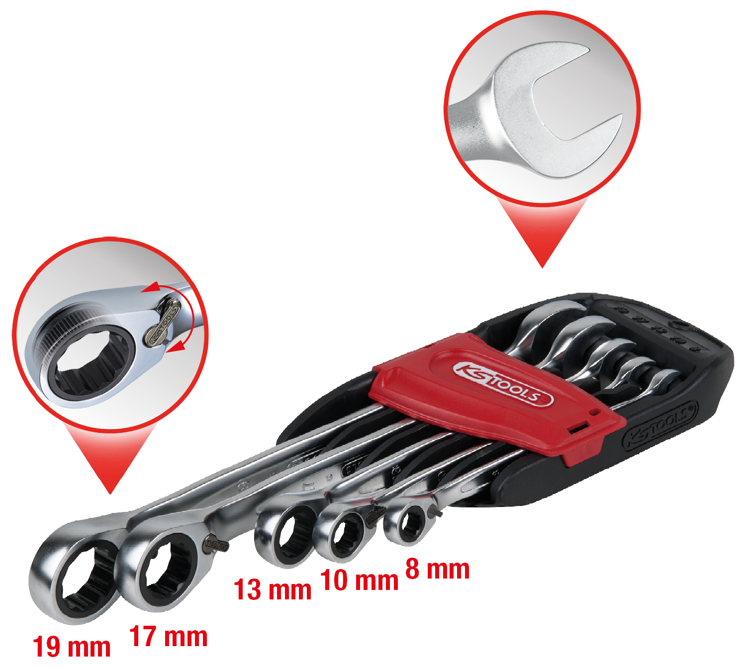 KS Tools GEARplus Ratschenringmaulschlüssel-Satz, umschaltbar, 5-tlg 8-19mm