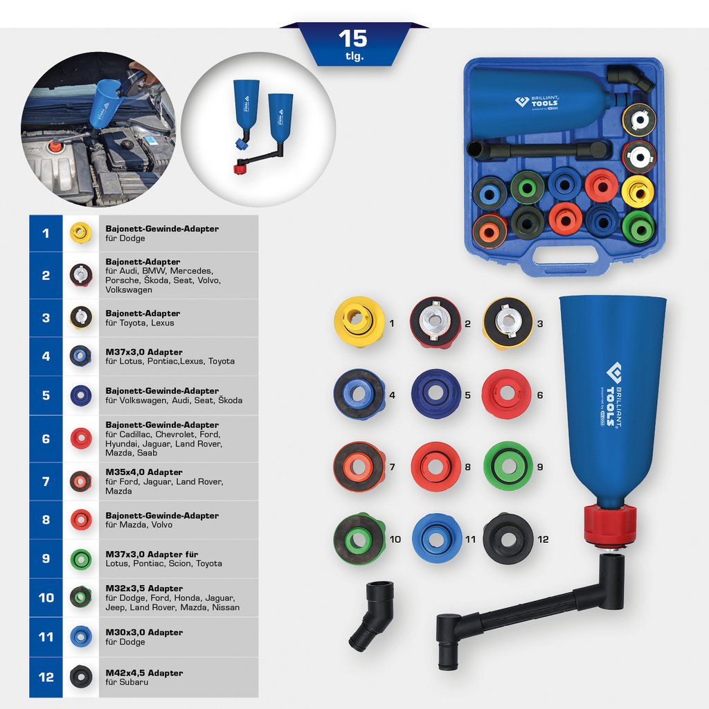 Brilliant Tools MASTER Öl-Einfülltrichter-Satz mit drehbarem Winkelarm, 15-tlg - BT711110