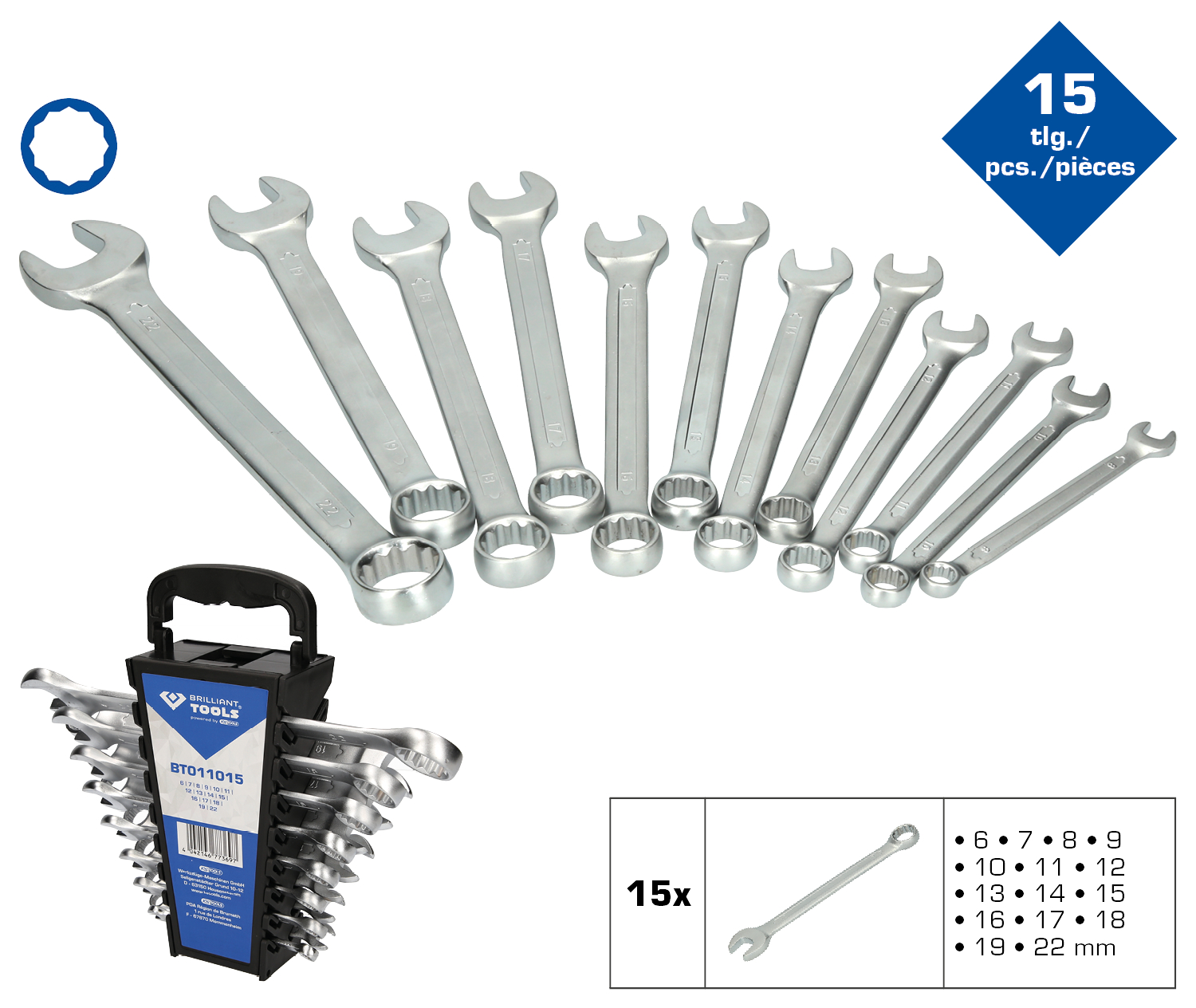 Brilliant Tools Ring-Maulschlüssel-Satz, 15-tlg - BT011015