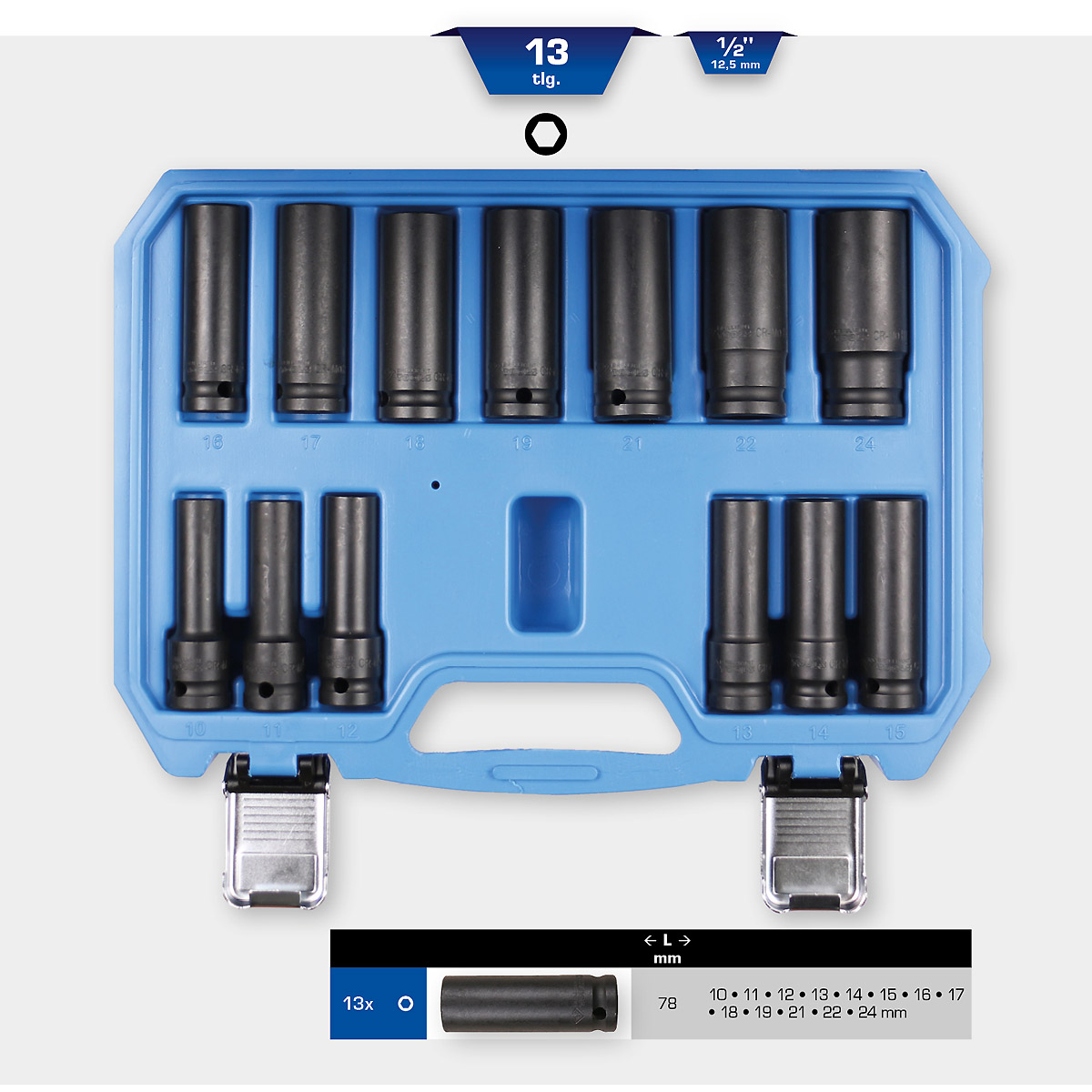 Brilliant Tools 1/2" Kraft-Stecknuss-Satz, Sechskant, 13-tlg, lang, 10 - 24 mm