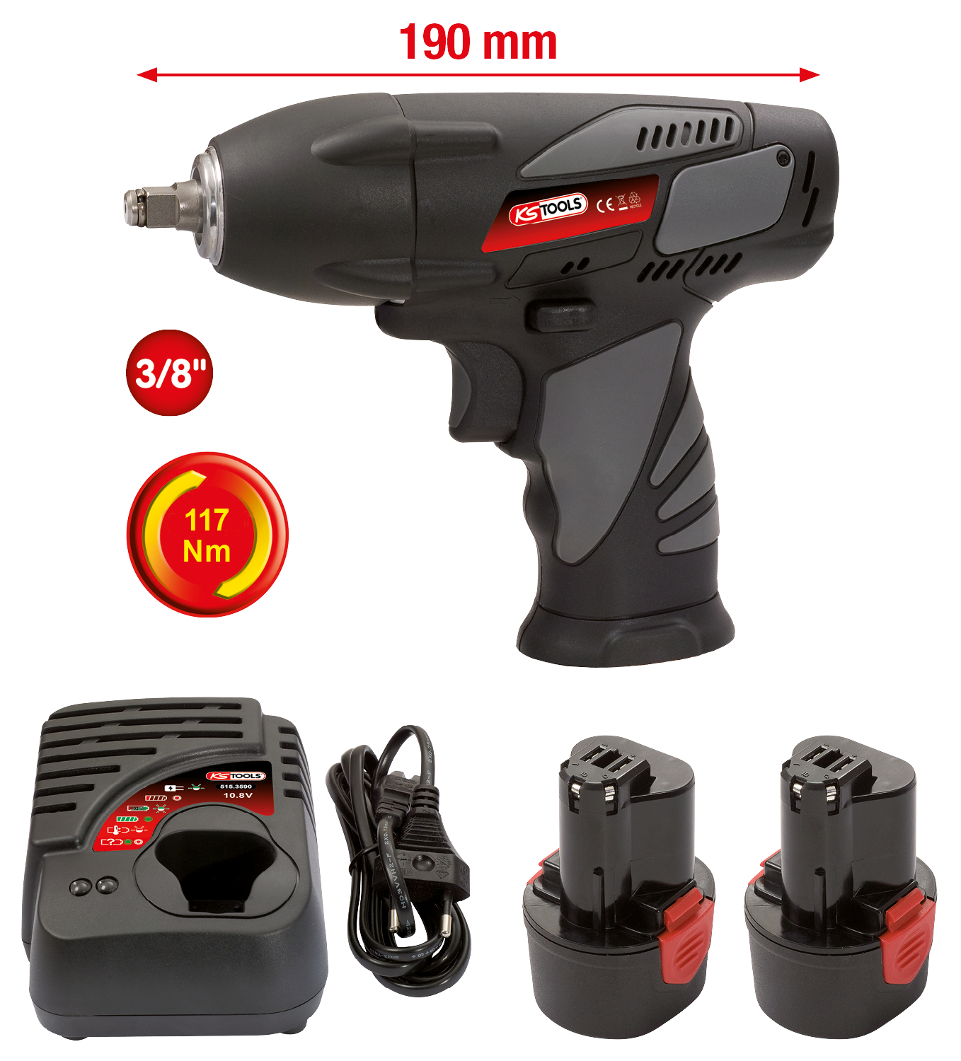 KS Tools 3-8'' Akku-Schlag-Schrauber, 117Nm, 1.870 U-min, mit 1 Akku und 1 Ladegerät