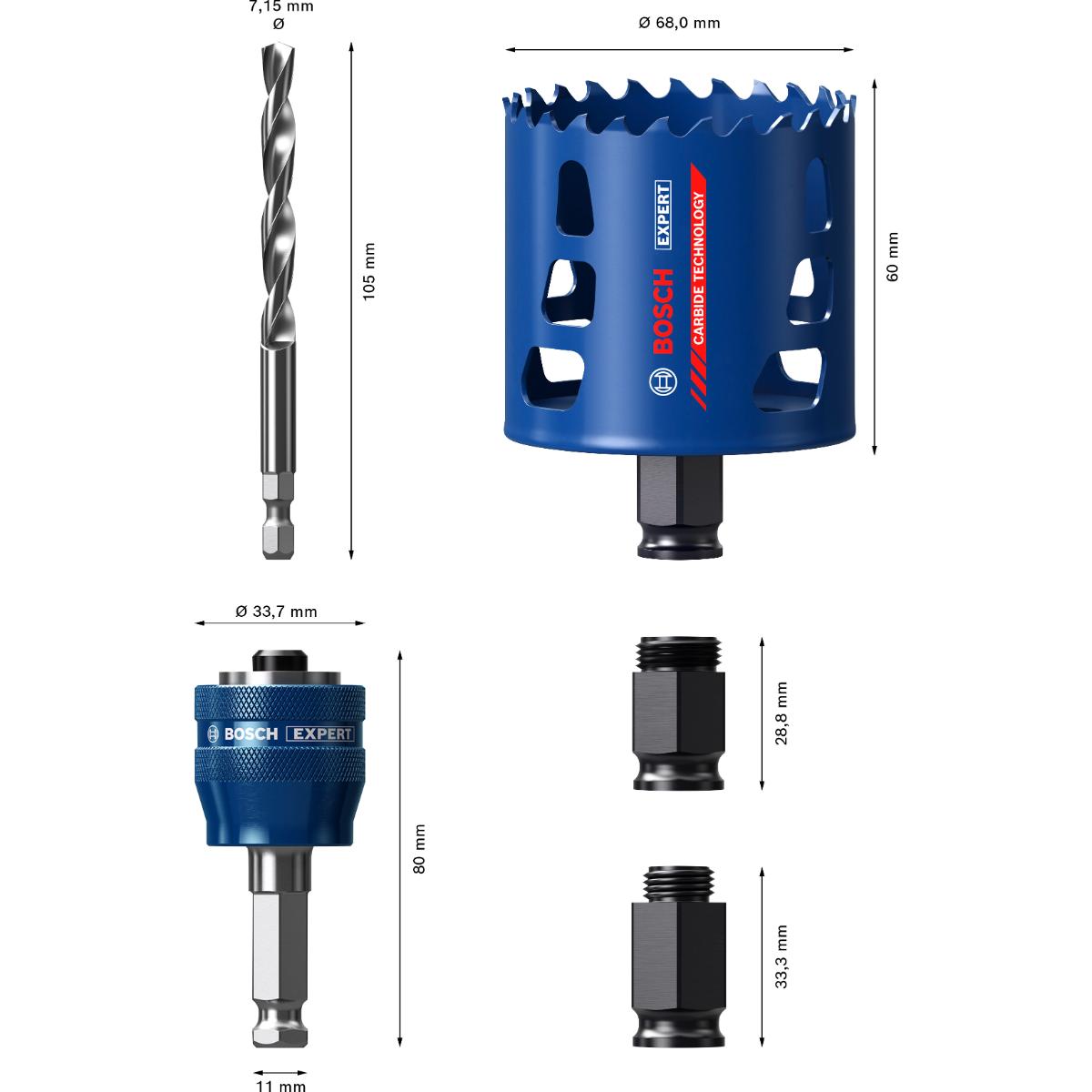 Bosch EXPERT Multi Material Power Change Plus-Lochsägen Kit, 68 x 60 mm, 3-teiliges Set