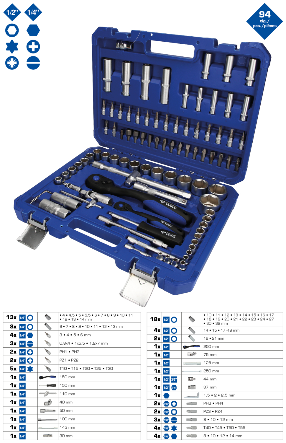 Brilliant Tools Steckschlüssel-Satz, 94-tlg, 1/4", 1/2" - BT023094
