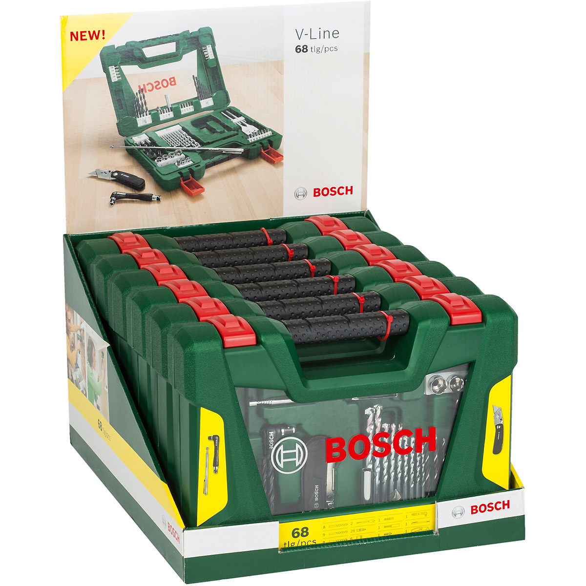 Bosch V-Line Box, Bohrer- und Bit-Set, 68-teilig, Klappmesser, Magnetstab, Winkelschr.