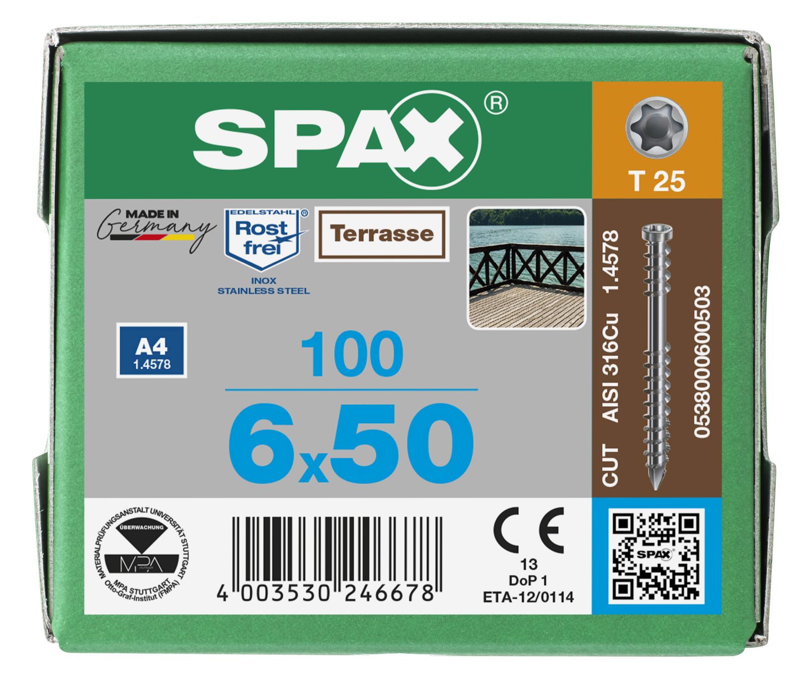 SPAX Terrasse A4 Zylinderkopf T-Star Plus T25 Fixiergewinde Cut, 100 Stück