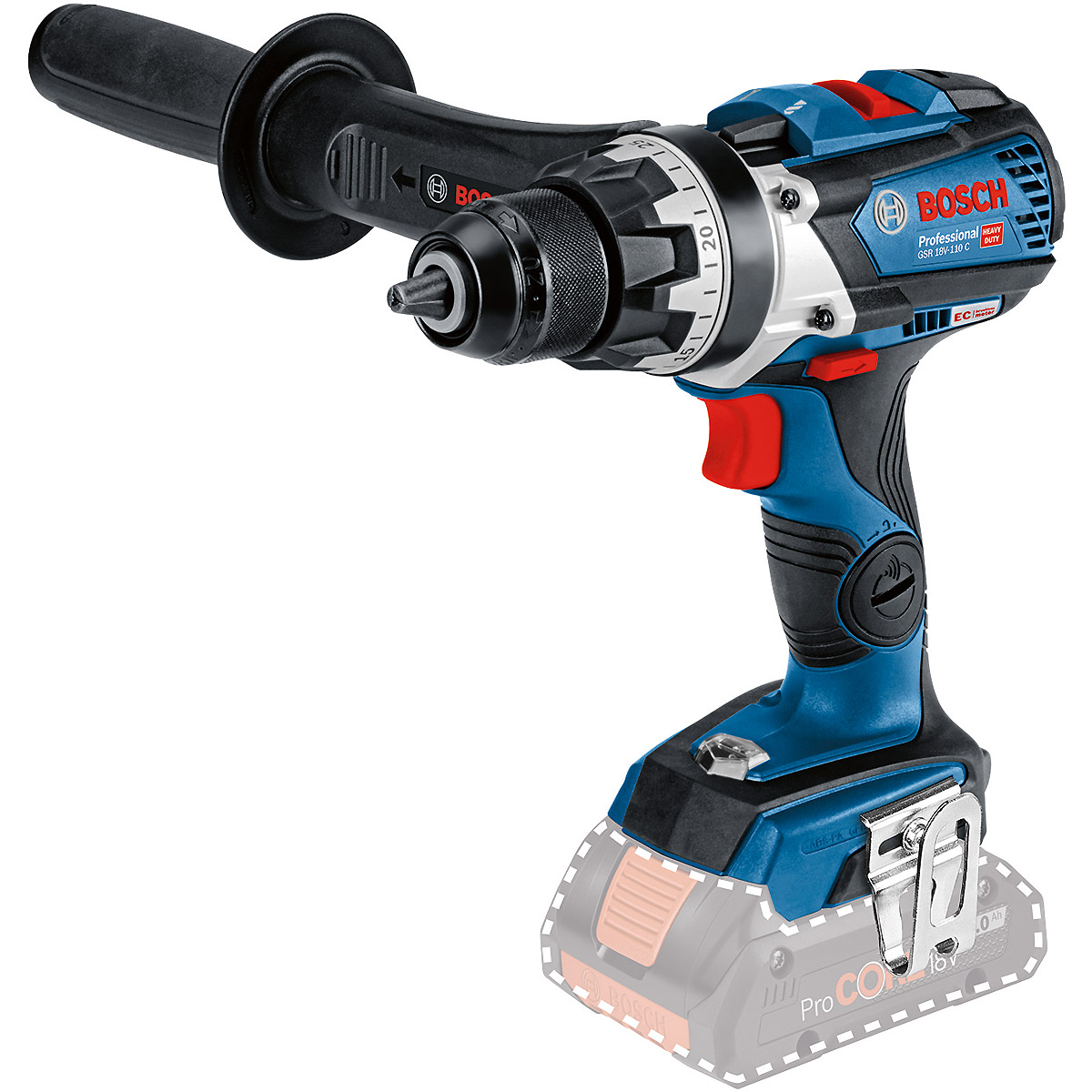 Bosch Akku-Bohrschrauber GSR 18V-110 C, Solo Version mit Zusatzhandgriff