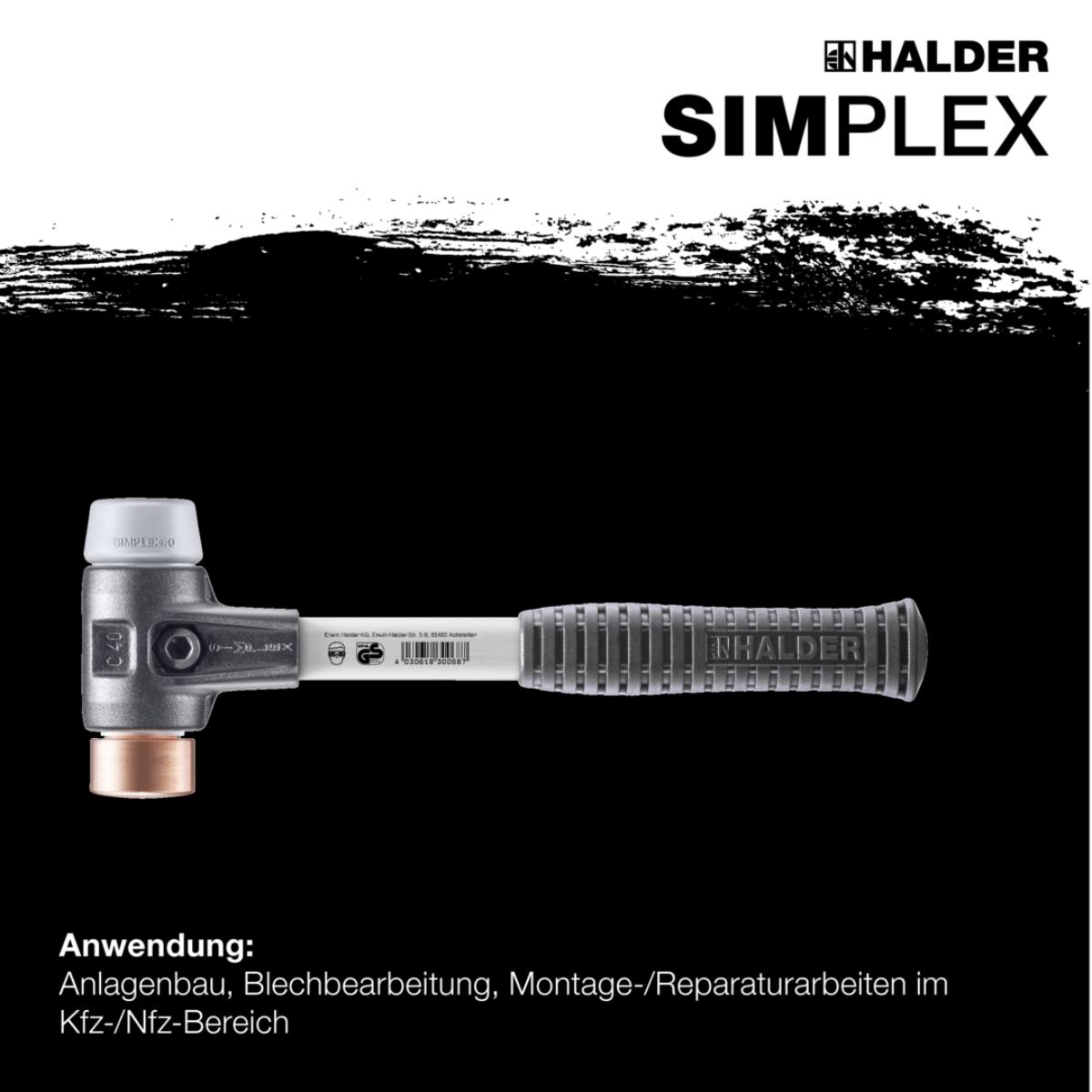HALDER SIMPLEX - Schonhammer mit verstärktem Tempergussgehäuse und Fiberglasstiel, TPE-mid / Kupfer
