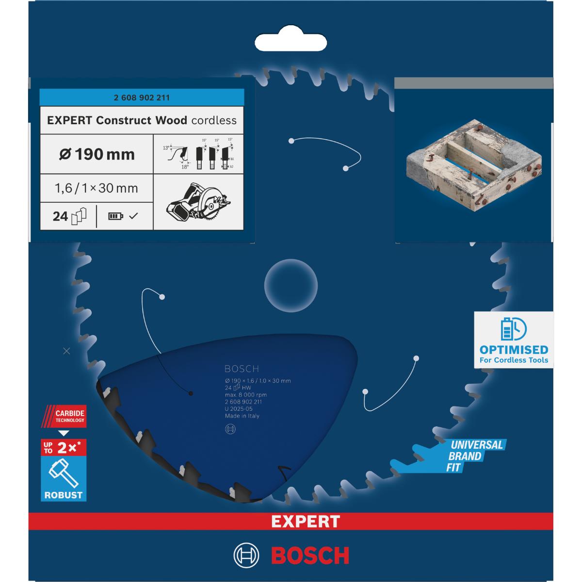 Bosch EXPERT Construct Wood Kreissägeblatt, 190x1,6x30 mm, T24