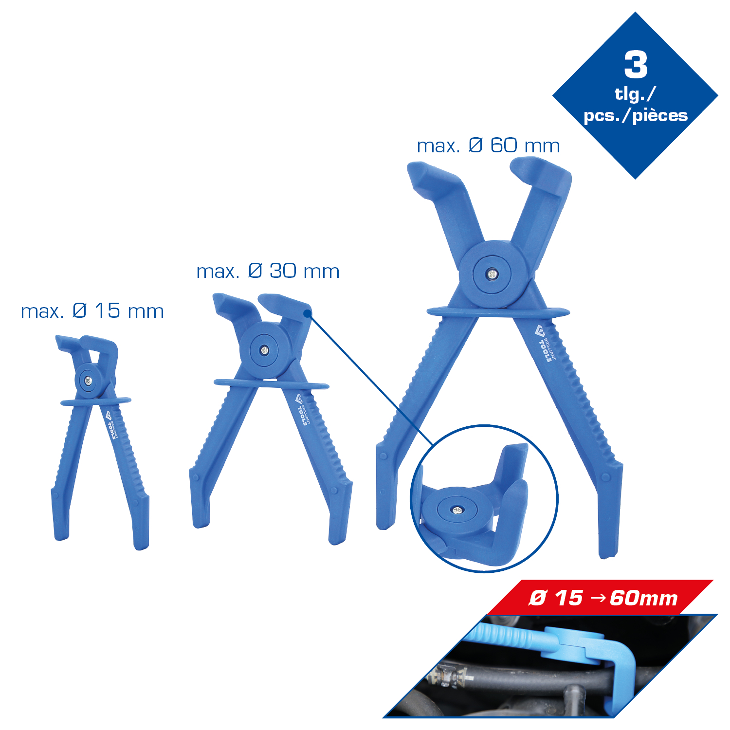 Brilliant Tools Schlauch-Abklemm-Zangen-Satz, 90° abgewinkelt, 3-tlg - BT521015