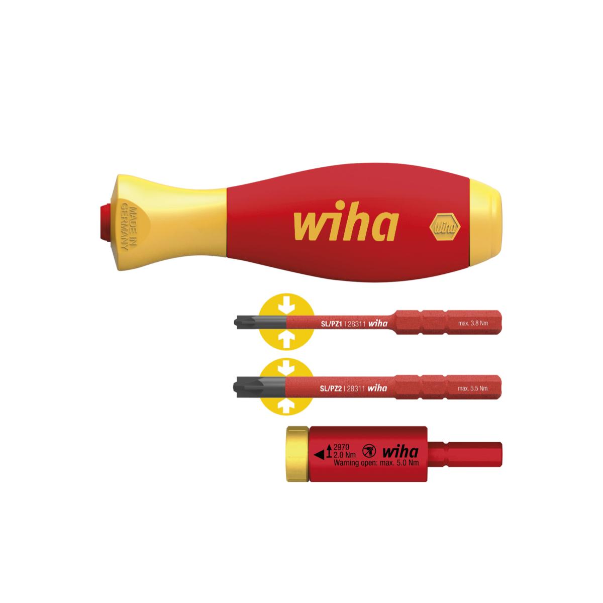 Wiha Drehmoment Set easyTorque Adapter electric 2,0 Nm mit slimVario Halter und slimBits SL/PZ 4-teilges Set