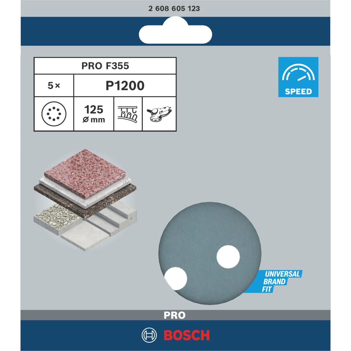 Bosch PRO Schleifblatt F355, 115 mm, 8 Löcher, Klett, 5er-Pack