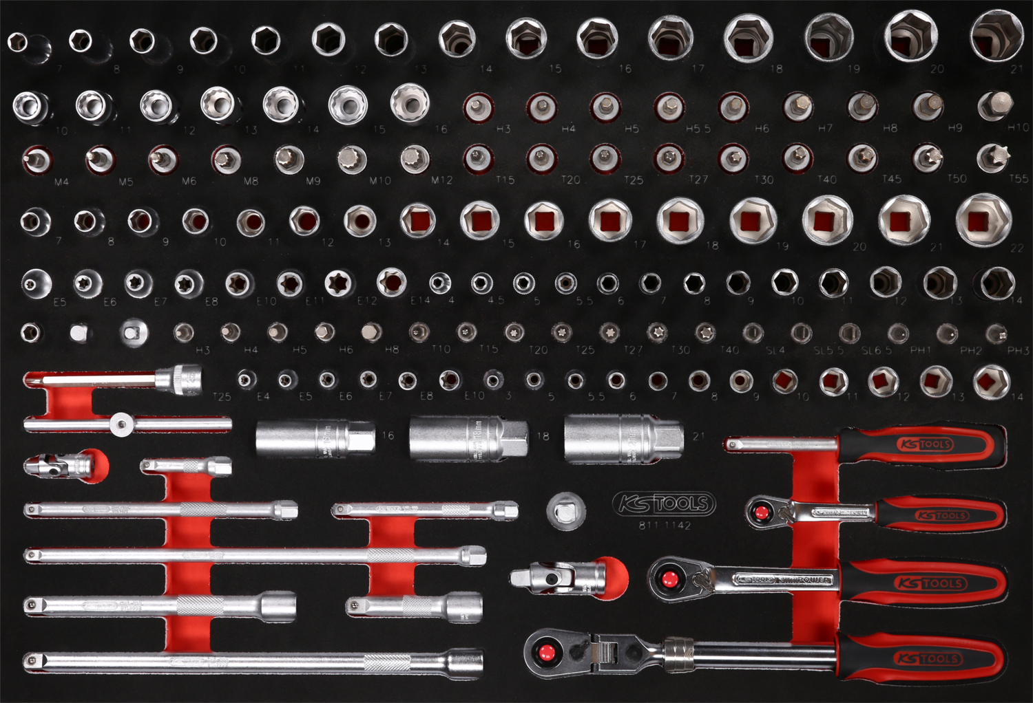 KS Tools 1-4'' + 3-8'' Steckschlüssel-Satz in Schaumstoffeinlage, 142-tlg