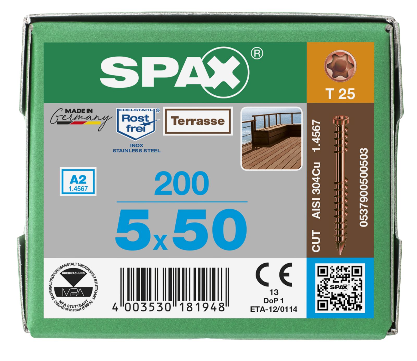 SPAX Terrasse A2 Zylinderkopf T-Star Plus T25 Fixiergewinde Cut antik, 200 Stück