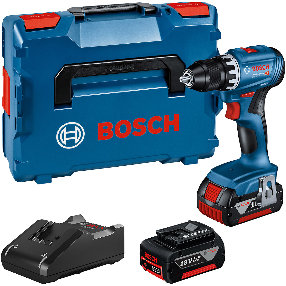 Bosch Akku-Bohrschrauber GSR 18V-45, 2 Akku GBA 18V 3.0Ah, Ladg. u. L-BOXX