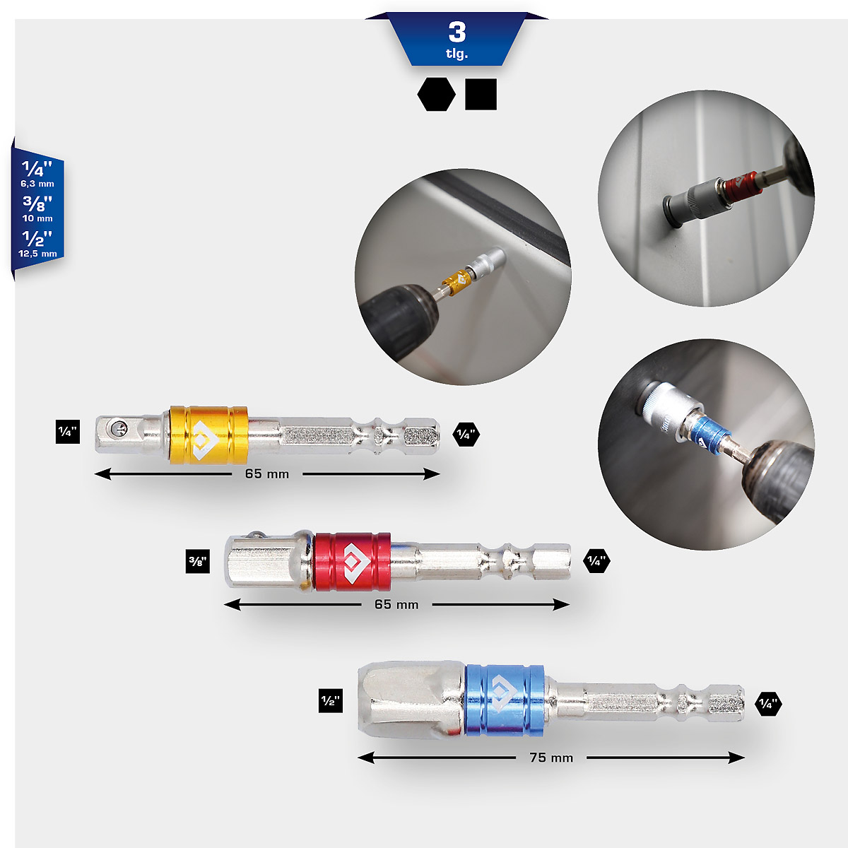 Brilliant Tools 1/4" Vierkant-Adapter-Satz 1/4" + 3/8" + 1/2", 3-tlg