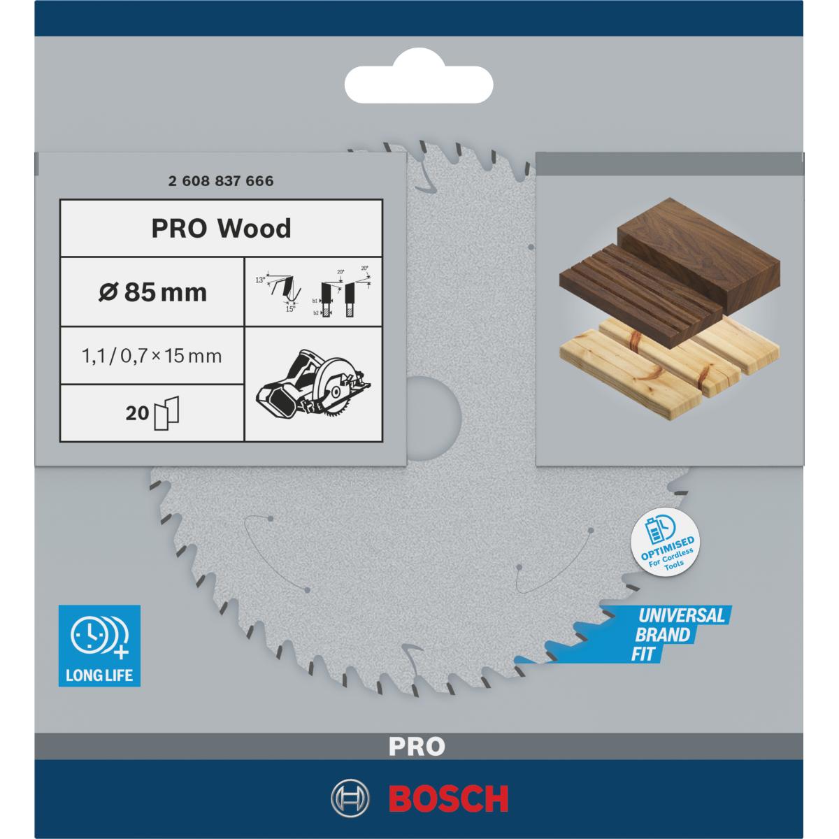 Bosch PRO Akku-Kreissägeblatt Standard for Wood, 85 x 1,1/0,7 x 15, 20 Zähne
