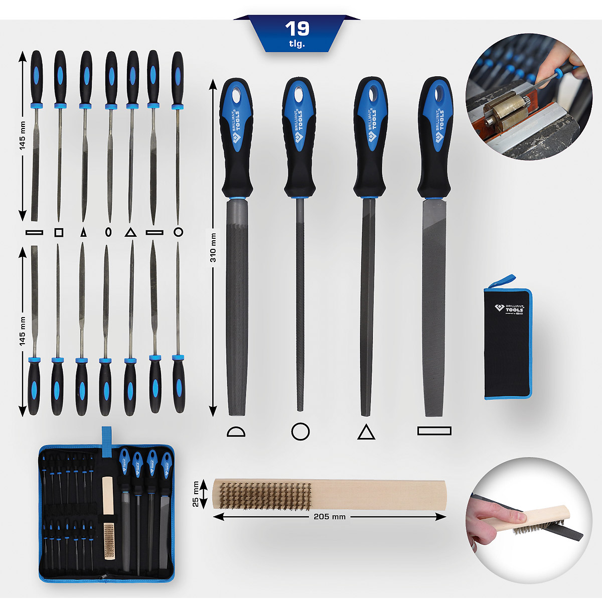 Brilliant Tools Feilen-Satz mit Feilenbürste, 19-tlg