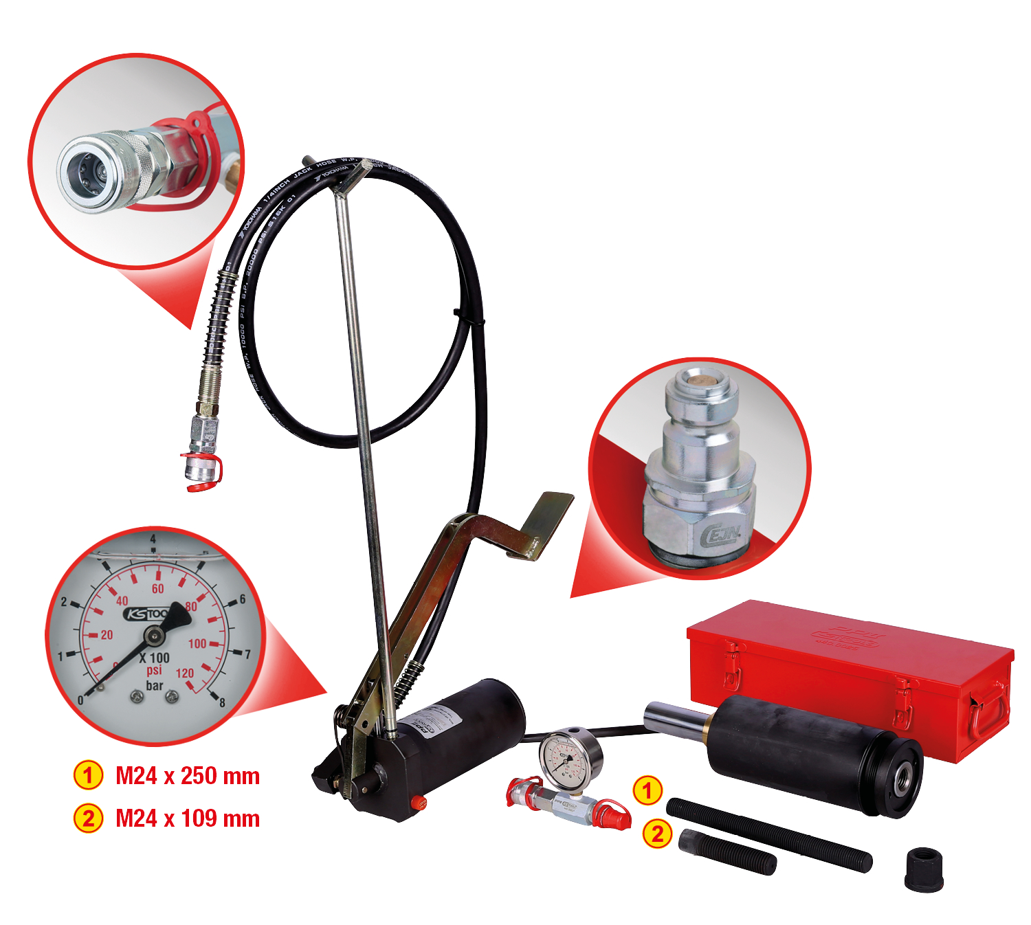 KS Tools Hydraulik-Einheit 32t, mit Hydraulik-Pumpe und Manometer, 11-tlg
