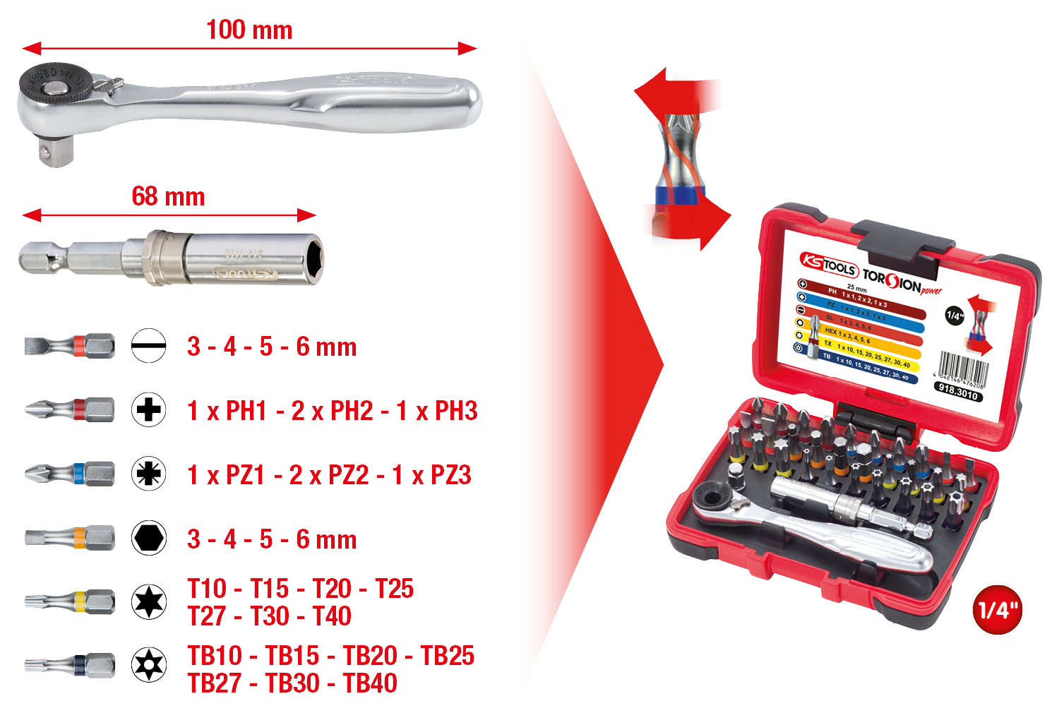 KS Tools 1/4" TORSIONpower Bit-Box, 32-tlg