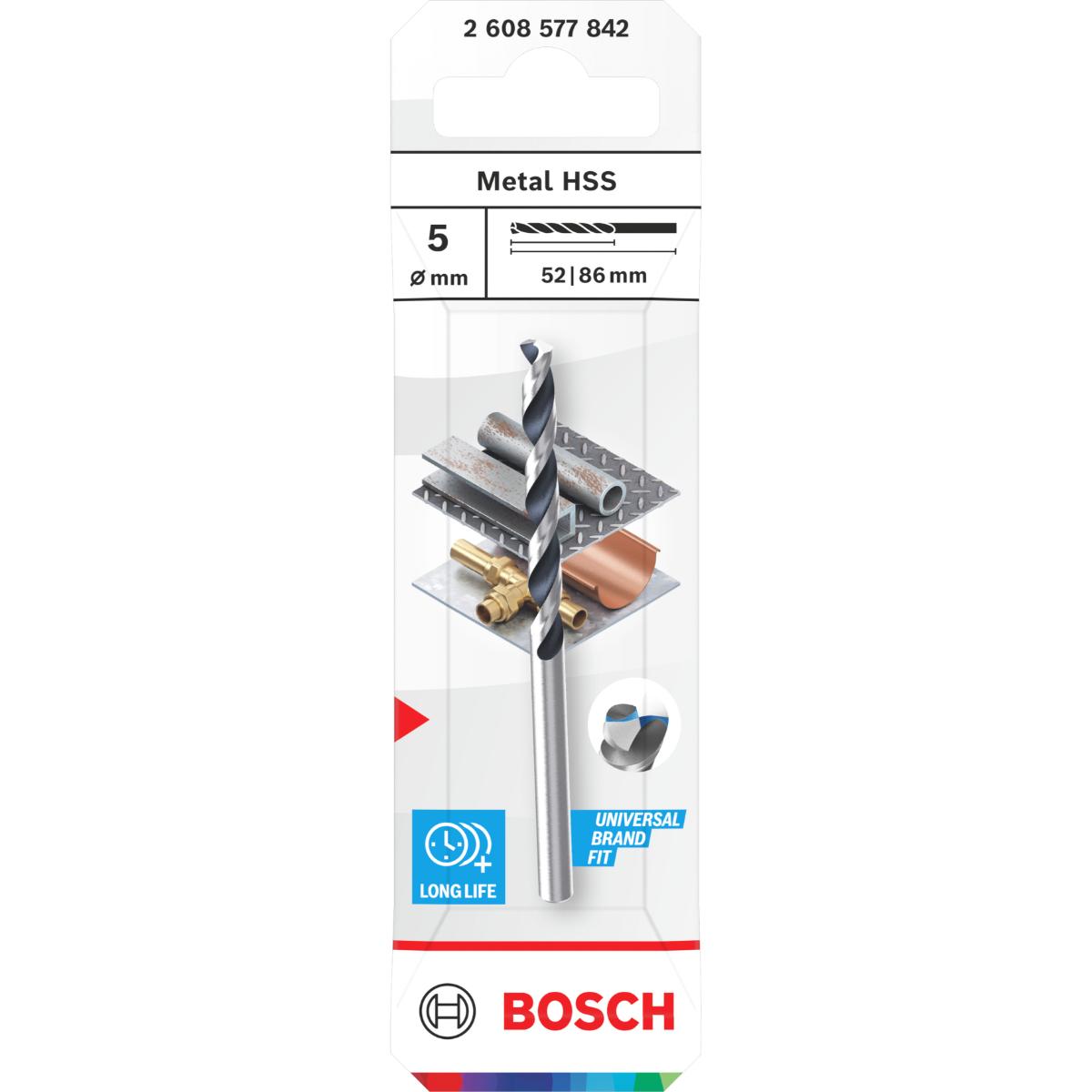 Bosch Metal HSS Spiralbohrer, 5 x 52 x 86 mm, CYL-Schaft, 2-Stück