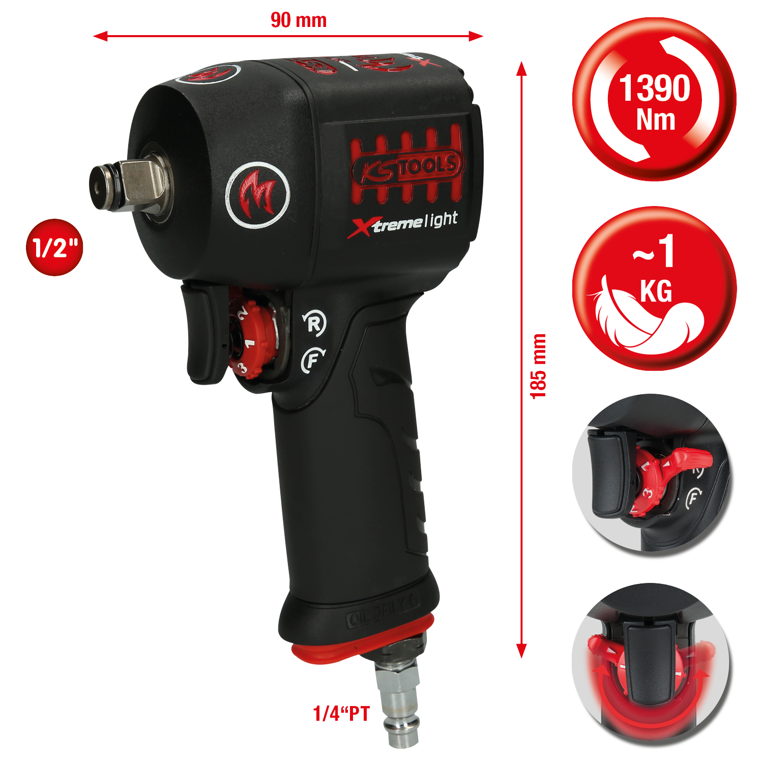 KS Tools 1/2" miniMONSTER Xtremelight Hochleistungs-Druckluft-Schlagschrauber 1.390 Nm
