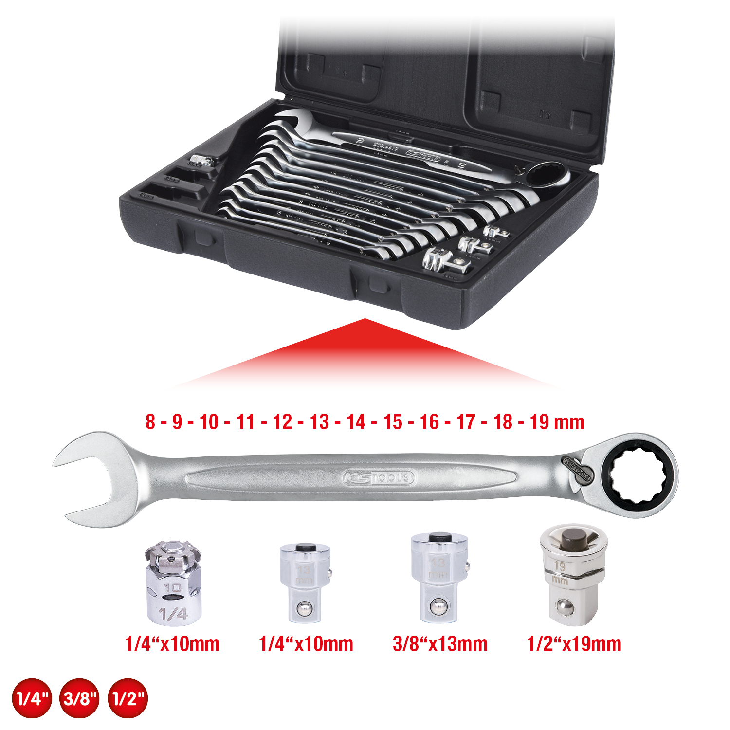 KS Tools GEARplus Ratschenringmaulschlüssel-Satz, umschaltbar,16-tlg