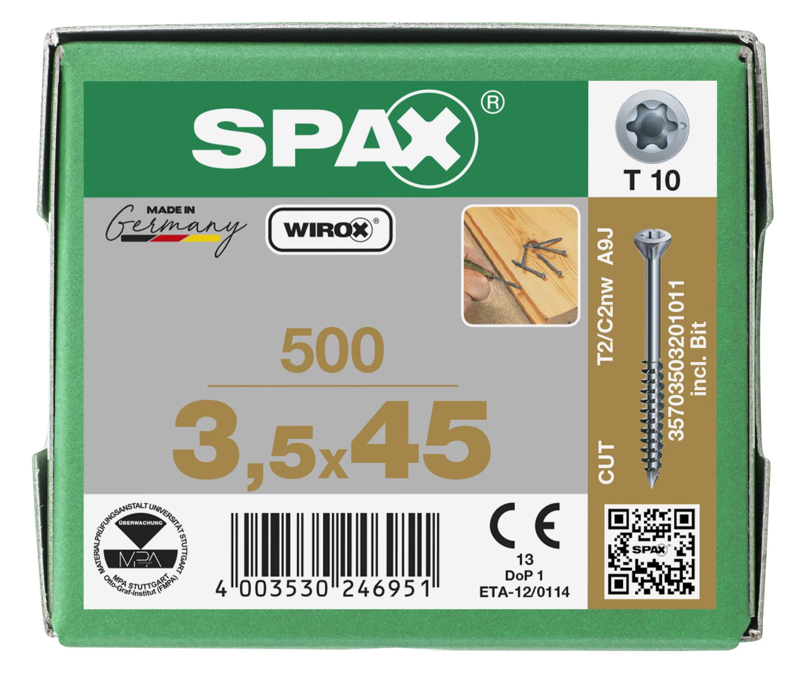 SPAX-S Dielenschraube Senkkopf Fräsrippen T-Star Plus T10 Teilgewinde Cut WIROX, 500 Stück+Bit