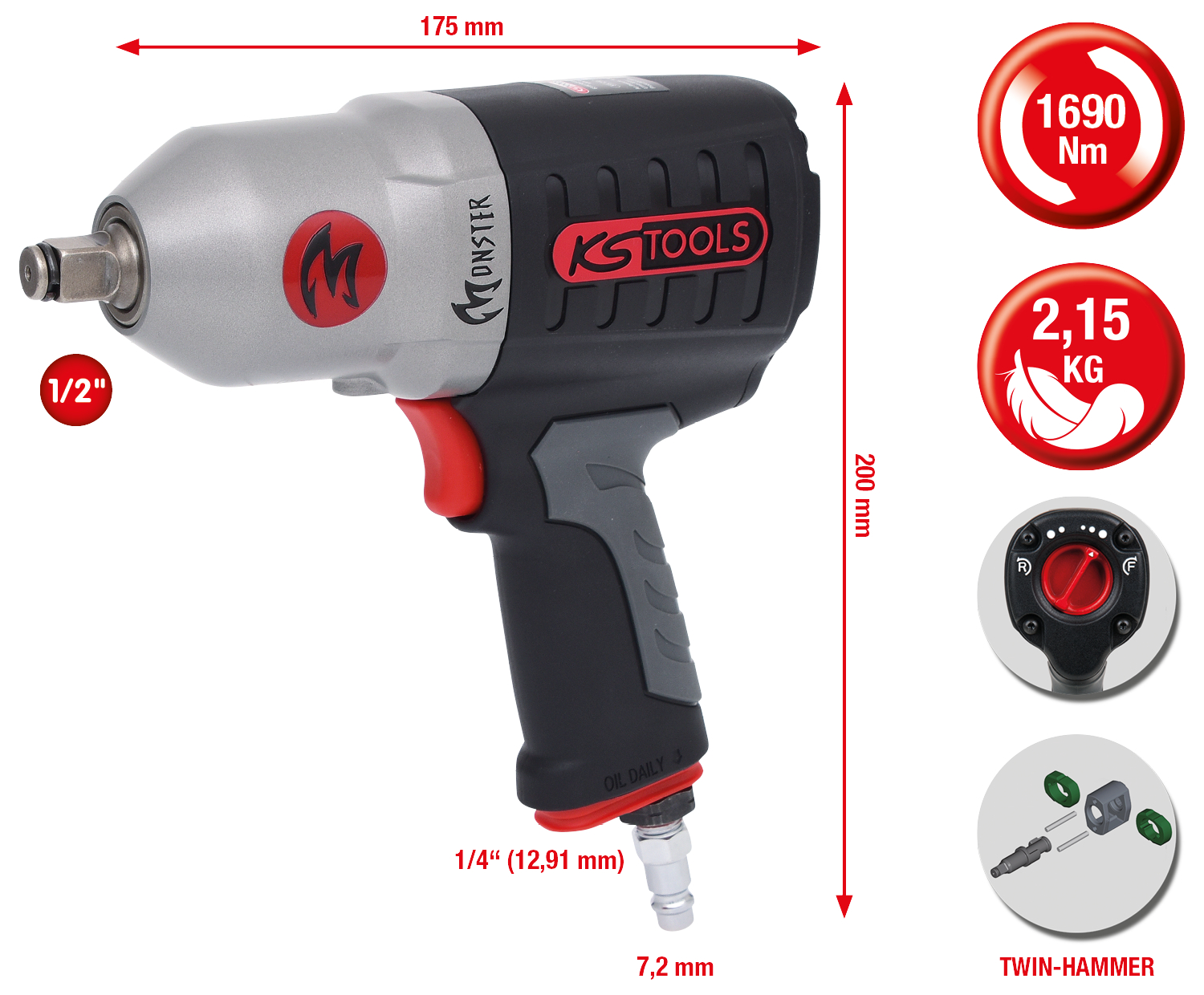 KS Tools 1/2" MONSTER Hochleistungs-Druckluft-Schlagschrauber, 1690Nm