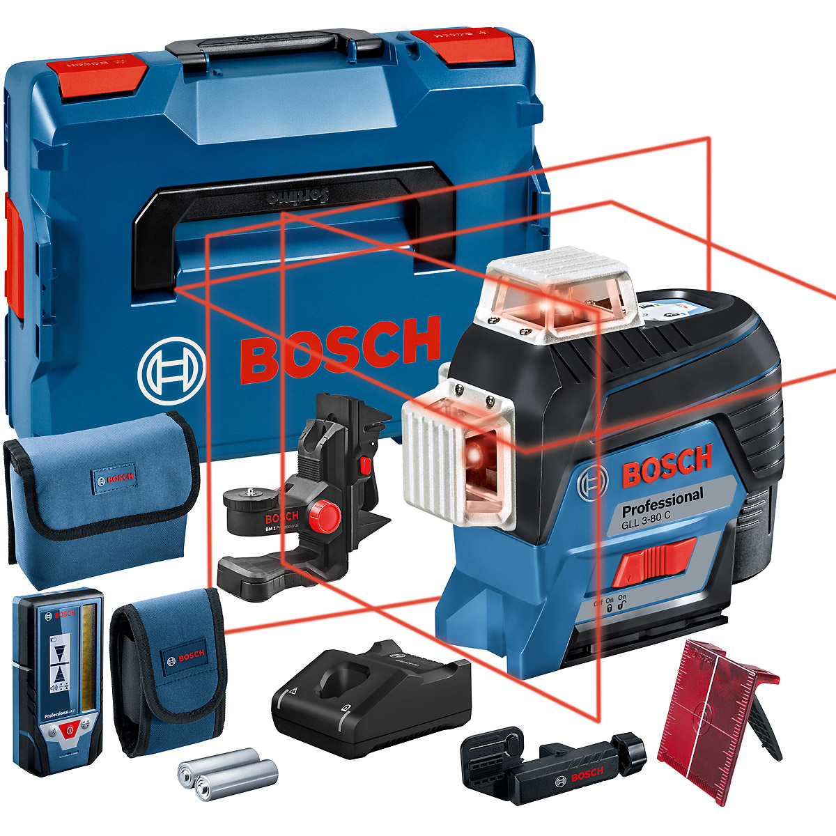 Bosch Linienlaser GLL 3-80 C, mit 1 x 2.0 Ah Li-Ion Akku, Laser-Empfänger LR 7, L-BOXX
