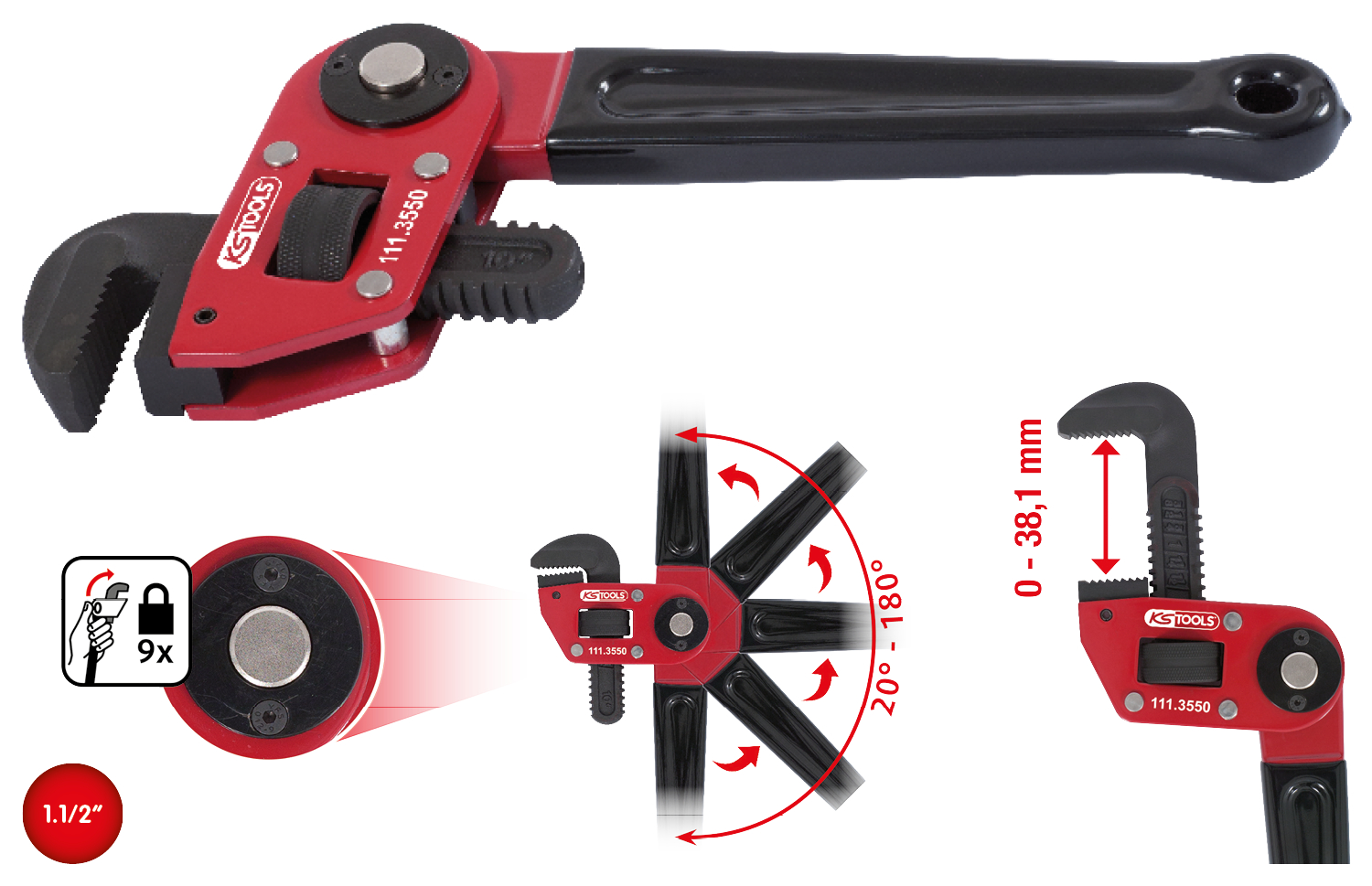 KS Tools Einhand-Rohrzange 1.1/2" mit verstellbarem Kopf