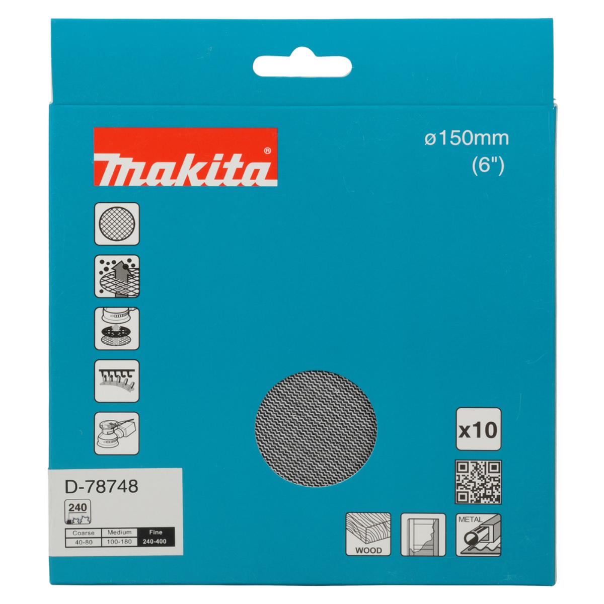 Makita Netzschleifmittel 150 mm, Körnung A240,Klett, Gitter, 10 Stück