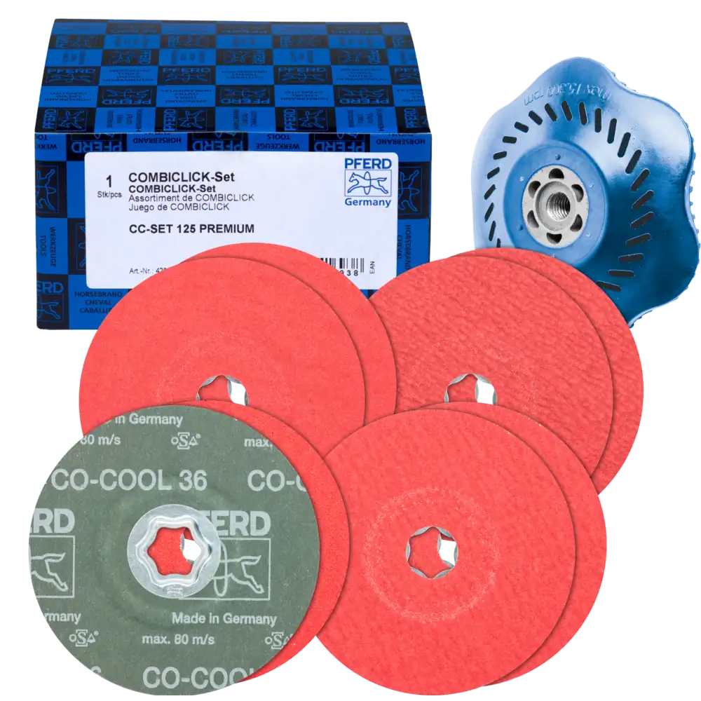 PFERD TOOLS COMBICLICK-Fiberscheiben-Set Keramikkorn 125mm CO-COOL mit CC-H-GT-Stützteller für Edelstahl