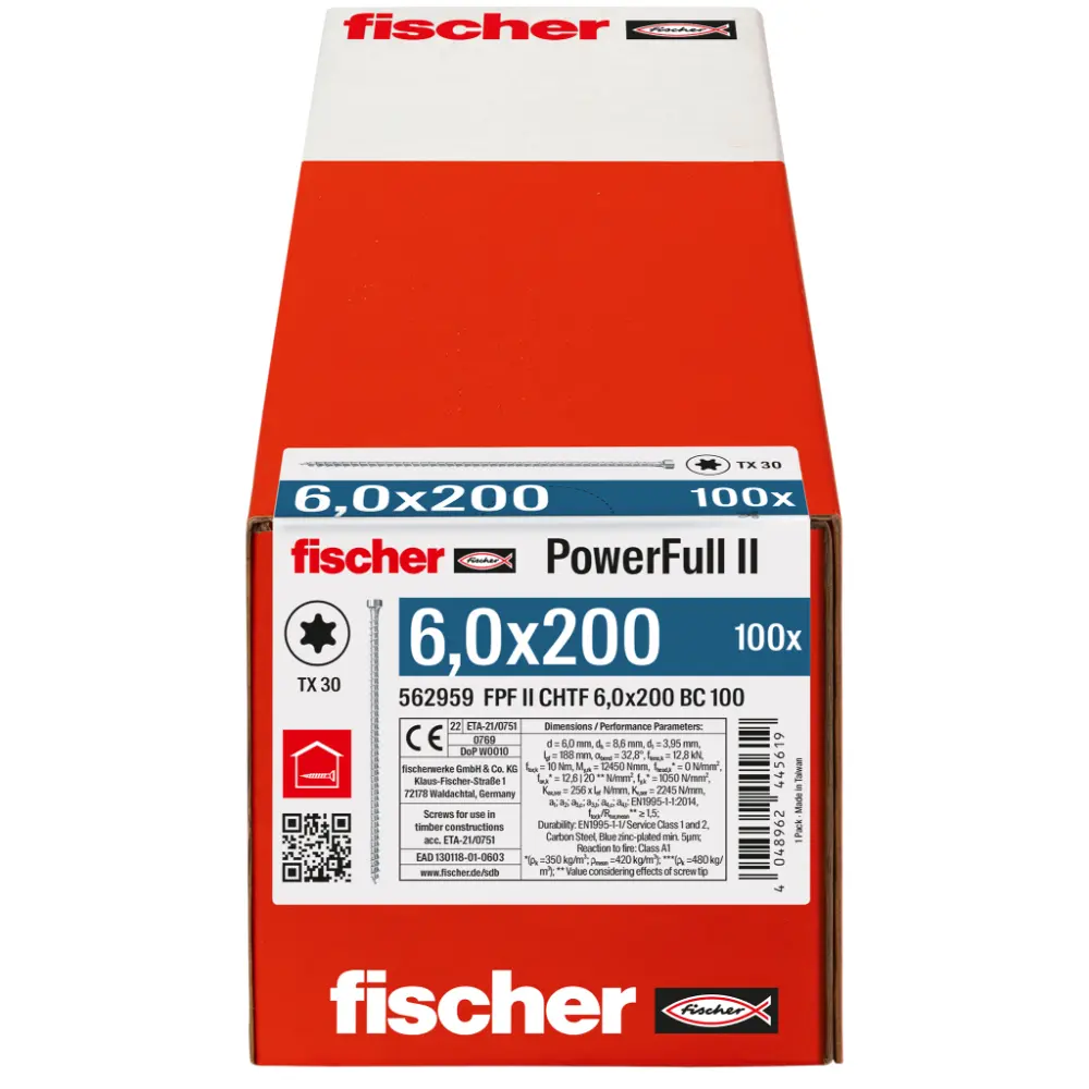 Fischer Vollgewindeschraube 6,0x200 PowerFull FPF II CHTF 6/8 BC, Vollgewinde, Zylinderkopf, TX