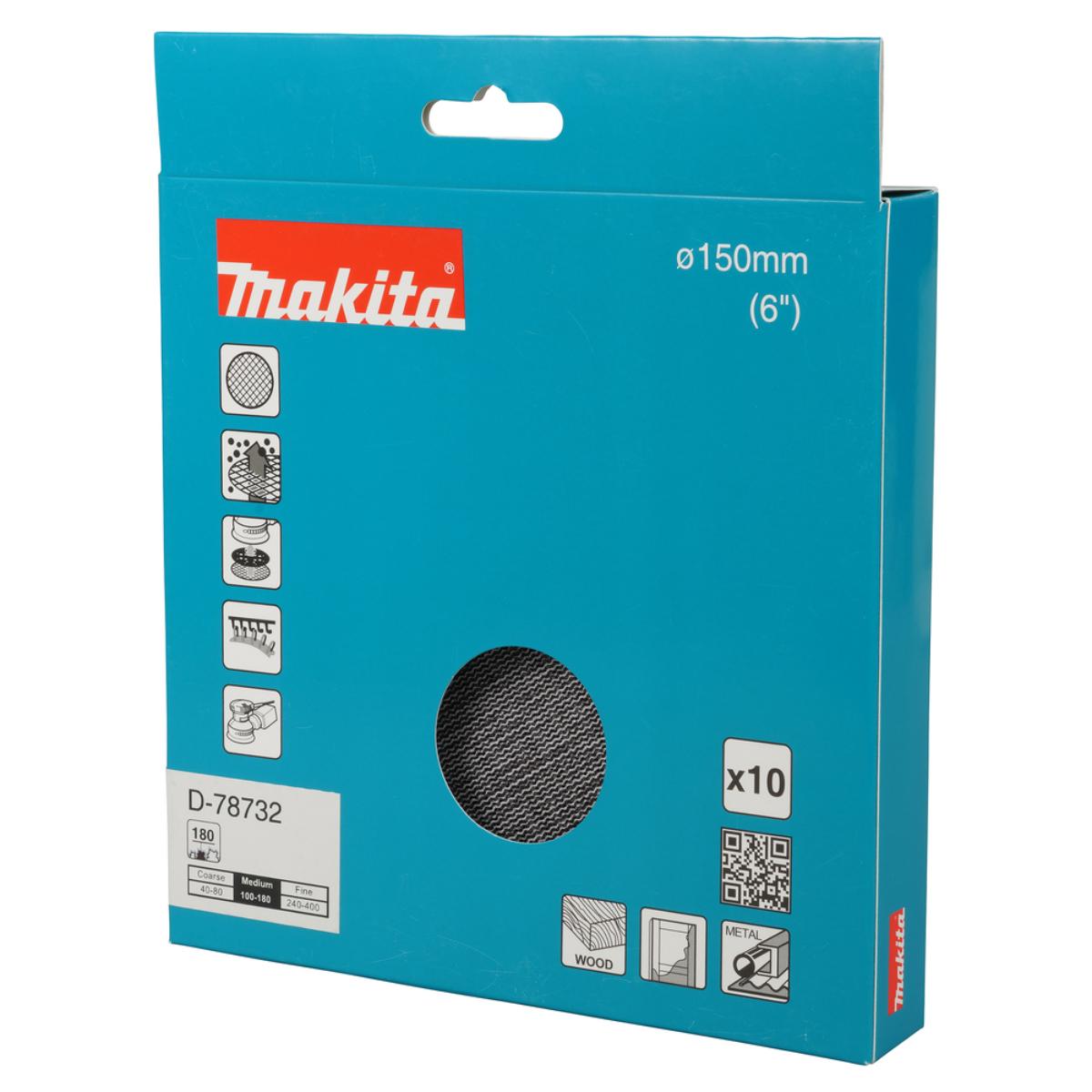 Makita Netzschleifmittel 150mm, Körnung A180,Klett, Gitter, 10 Stück