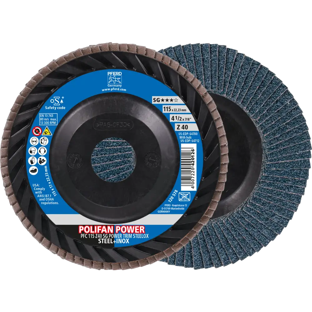 PFERD TOOLS POLIFAN POWER Fächerscheibe PFC konisch Leistungslinie SG TRIM STEELOX für Stahl/Edelstahl