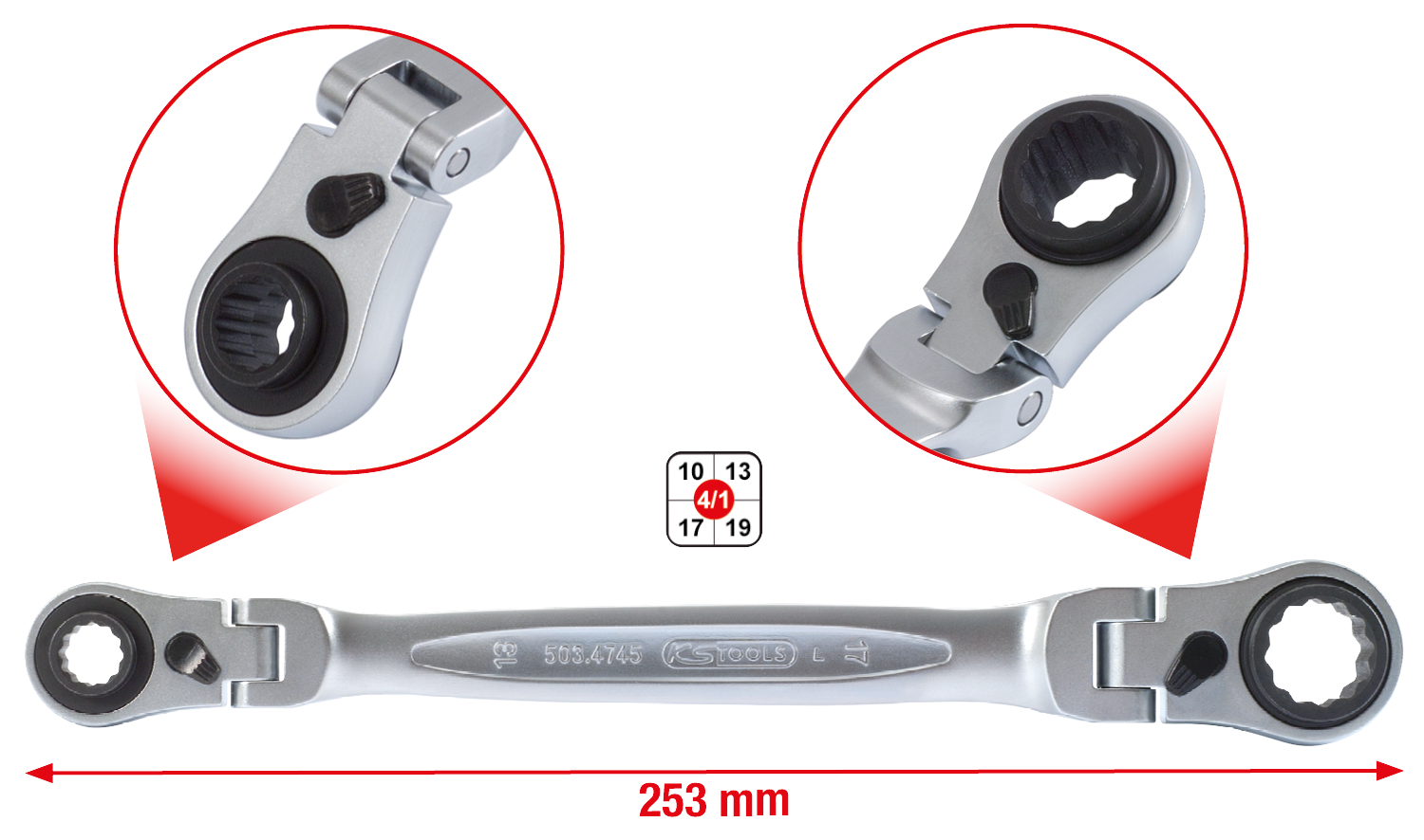 KS Tools 4 in 1 GEARplus umschaltbar Gelenk-Doppel-Ringschlüssel, 10x13-17x19mm