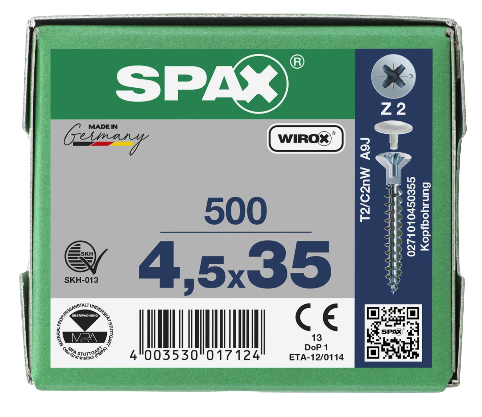 SPAX-S Senkkopf Fräsrippen Kopfbohrung 2,5mm Kreuzschlitz Z2 Vollgewinde WIROX, 500 Stück
