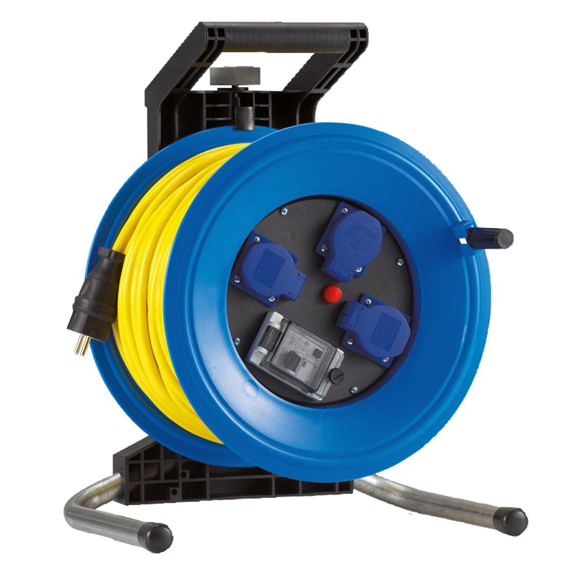 HEDI Kunststoff-Kabeltrommel Professional Plus Ø 320 mm, gelb Panzerkabel, 3 Steckdosen