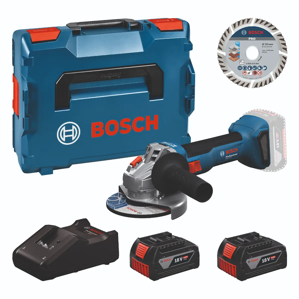 Bosch Werkzeug-Set: GWS 18V-8 + 2x GBA 4.0Ah + GAL 18V-40 + Trennscheibe 125 in L-BOXX
