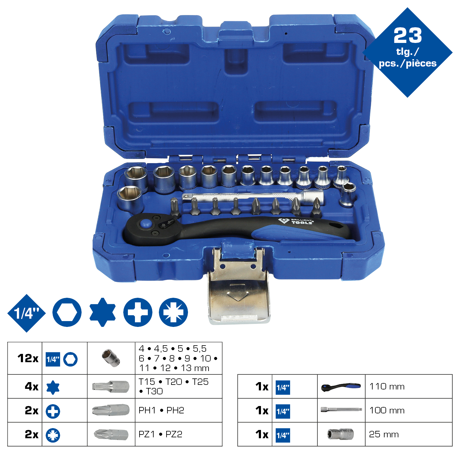 Brilliant Tools 1/4" Steckschlüssel-Satz, 23-tlg - BT020023