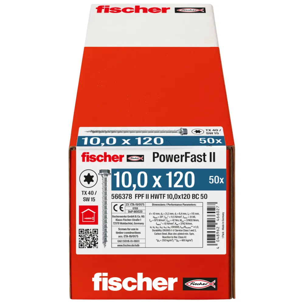 Fischer Spanplattenschraube 10,0x120 II HWTF BC, Sechskantkopf, Innenstern TX, Vollgewinde