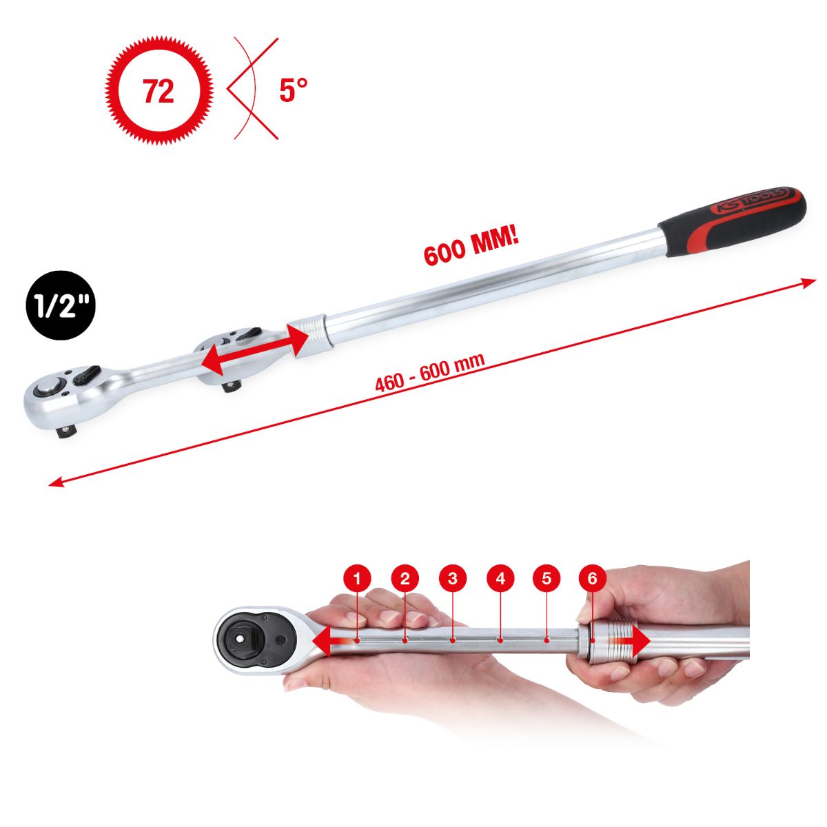 KS Tools 1/2 Zoll Teleskop-Umschaltknarre, extra lang, 72-Zahn